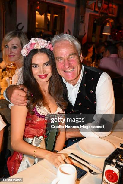 Anastasia Matthäus and guest at Kaefer-Schaenke during the 187th Oktoberfest at Theresienwiese on September 23, 2022 in Munich, Germany.