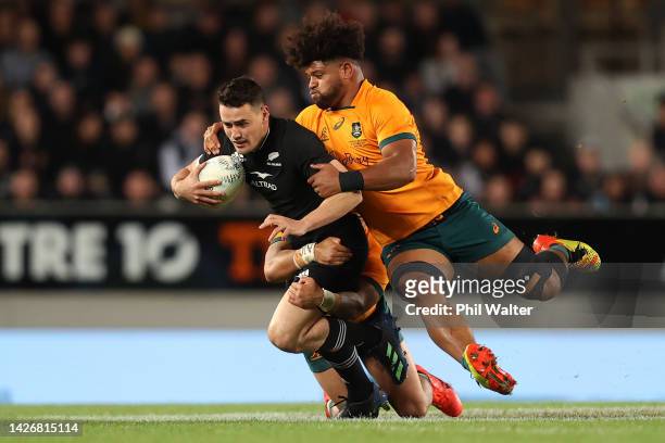 Will Jordan of the All Blacks is tackled by Rob Valetini of the Wallabies during The Rugby Championship and Bledisloe Cup match between the New...