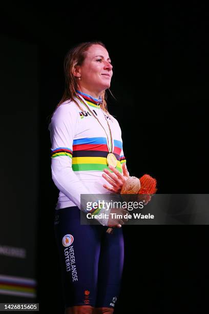 Gold medalist and world champion stage winner Annemiek Van Vleuten of Netherlands, poses on the podium during the medal ceremony after the 95th UCI...