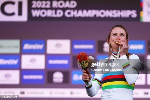 Gold medalist and world champion winner Annemiek Van Vleuten of Netherlands, kiss her trophy on the podium during the medal ceremony after the 95th...