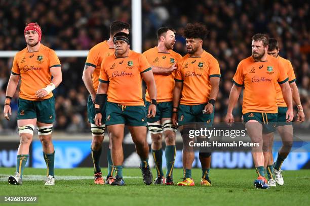 Allan Alaalatoa of the Wallabies looks on during The Rugby Championship and Bledisloe Cup match between the New Zealand All Blacks and the Australia...