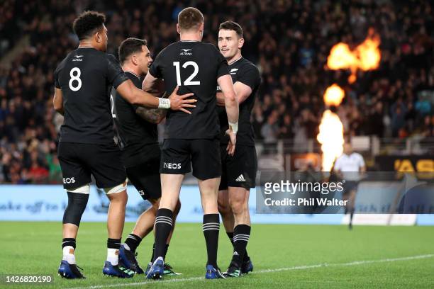 Will Jordan of the All Blacks celebrates scoring a try during The Rugby Championship and Bledisloe Cup match between the New Zealand All Blacks and...