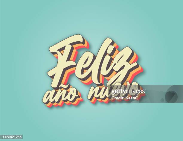 happy new year. retro lettering. spanish lettering feliz año nuevo. seasonal greeting card template. stock illustration - nuevo stock illustrations