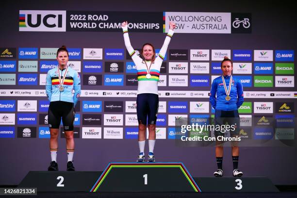 Silver medalists Lotte Kopecky of Belgium, gold medalists and world champion winner Annemiek Van Vleuten of Netherlands, and bronze medalists Silvia...