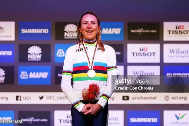 Gold medalist Annemiek Van Vleuten of Netherlands, celebrates on the podium during the medal ceremony after the 95th UCI Road World Championships...