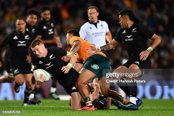 Jordie Barrett of the All Blacks is tackled during The Rugby Championship and Bledisloe Cup match between the New Zealand All Blacks and the...