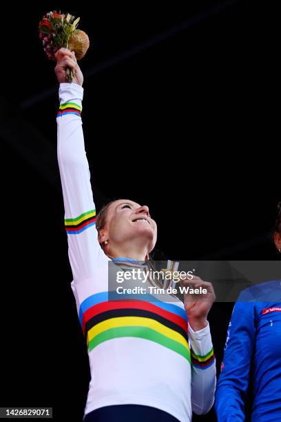 Gold medalist and world champion stage winner Annemiek Van Vleuten of Netherlands, looks to the sky in honour of his deceased father on the podium...