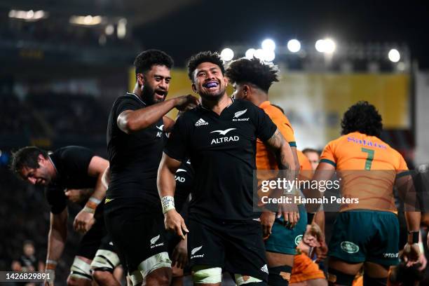 Ardie Savea of the All Blacks celebrates the try scored by Codie Taylor of the All Blacks during The Rugby Championship and Bledisloe Cup match...