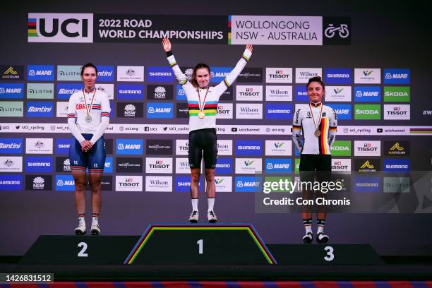 Silver medalists Pfeiffer Georgi of United Kingdom, gold medalists Niamh Fisher-Black of New Zealand, and bronze medalists Ricarda Bauernfeind of...