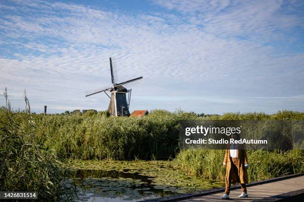 windmill with blue sky in the water reflection, the netherlands - cultura olandese foto e immagini stock