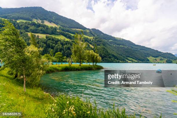 lake and green mountain landscape - lungern switzerland stock pictures, royalty-free photos & images