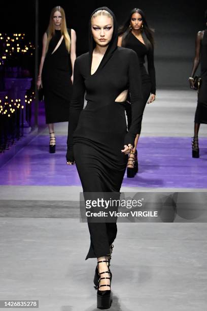 Gigi Hadid walks the runway during the Versace Ready to Wear Spring/Summer 2023 fashion show as part of the Milan Fashion Week on September 23, 2022...