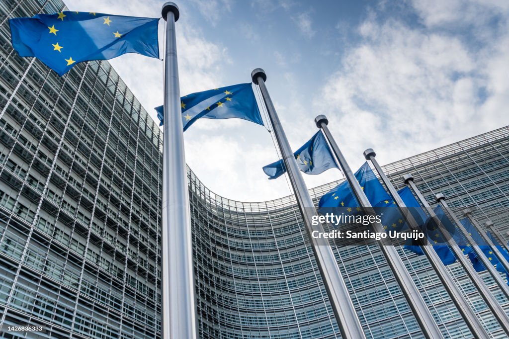 European Union flags waiving at Berlaymont building of the European Commission