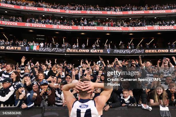 Joel Selwood of the Cats reacts to the crowd after winning the 2022 AFL Grand Final match between the Geelong Cats and the Sydney Swans at the...