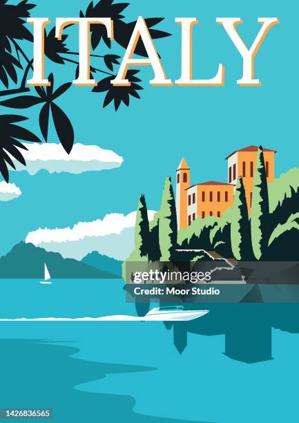 idyllic italian landscape flat vector illustration - vintage travel destinations stock illustrations