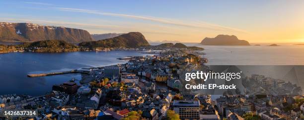 aerial view of alesund from aksla viewpoint at dusk - alesund stock pictures, royalty-free photos & images