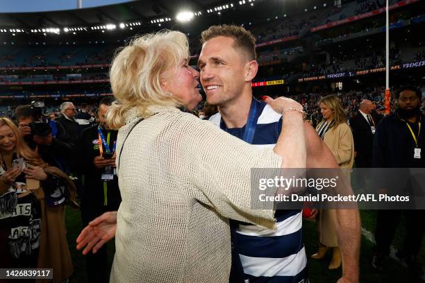 Joel Selwood of the Cats is hugged by his mother Maree Selwood after winning the 2022 AFL Grand Final match between the Geelong Cats and the Sydney...