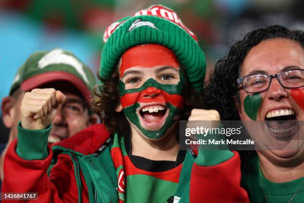 Rabbitohs fans show their support during the NRL Preliminary Final match between the Penrith Panthers and the South Sydney Rabbitohs at Accor Stadium...