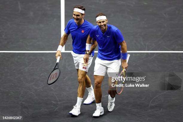 Roger Federer and Rafael Nadal of Team Europe react during the doubles match between Jack Sock and Frances Tiafoe of Team World and Roger Federer and...