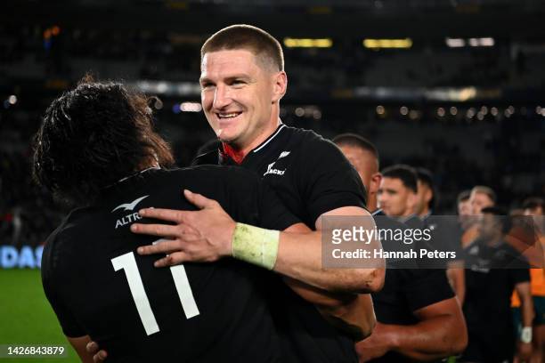 Jordie Barrett and Caleb Clarke of the All Blacks celebrate victory during The Rugby Championship and Bledisloe Cup match between the New Zealand All...