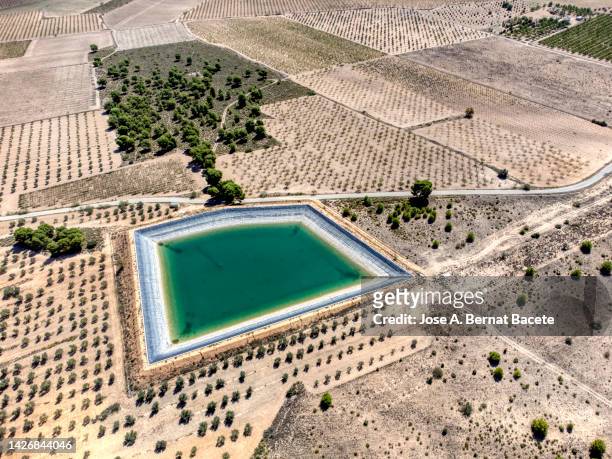 aerial view of an agricultural irrigation pond surrounded by crop fields. - extreme weather farm stock pictures, royalty-free photos & images