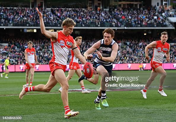 Dylan Stephens Dylan Stephens of the Swans kicks during the 2022 AFL Grand Final ...