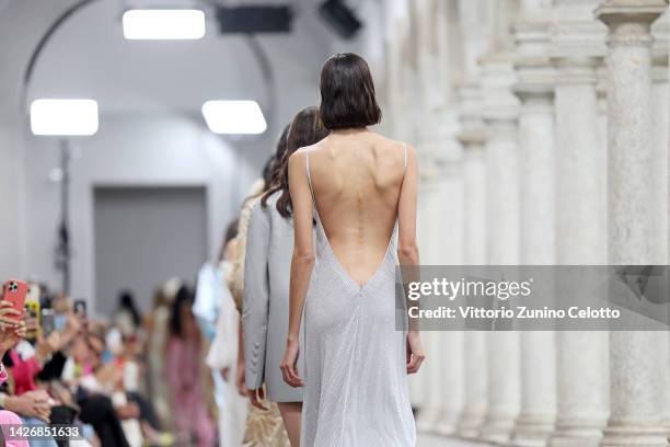 Models walk the runway of the Ermanno Scervino Fashion Show during the Milan Fashion Week Womenswear Spring/Summer 2023 on September 24, 2022 in...