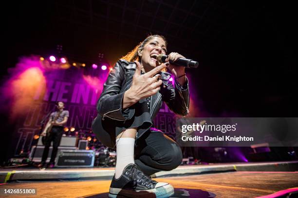 Musician Aimee Interrupter of The Interrupters performs on stage at North Island Credit Union Amphitheatre on September 23, 2022 in Chula Vista,...