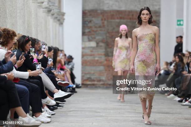 Models walk the runway of the Ermanno Scervino Fashion Show during the Milan Fashion Week Womenswear Spring/Summer 2023 on September 24, 2022 in...