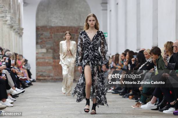 Models walk the runway of the Ermanno Scervino Fashion Show during the Milan Fashion Week Womenswear Spring/Summer 2023 on September 24, 2022 in...