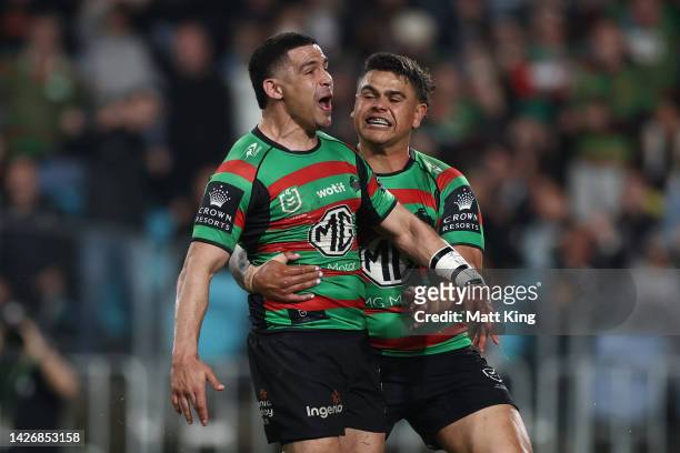 Cody Walker of the Rabbitohs celebrates a try during the NRL Preliminary Final match between the Penrith Panthers and the South Sydney Rabbitohs at...