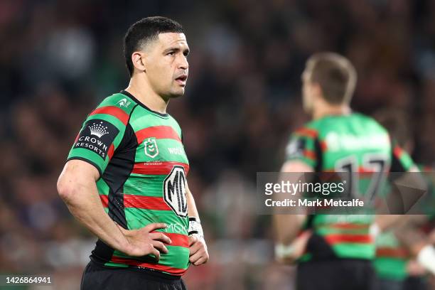 Cody Walker of the Rabbitohs looks on during the NRL Preliminary Final match between the Penrith Panthers and the South Sydney Rabbitohs at Accor...