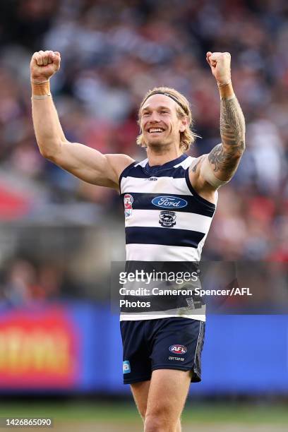 Tom Stewart of the Cats reacts in the closing minutes of the 2022 AFL Grand Final match between the Geelong Cats and the Sydney Swans at the...