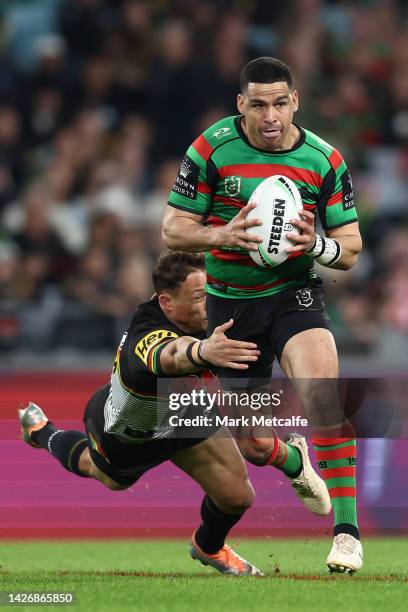Cody Walker of the Rabbitohs is tackled by Scott Sorensen of the Panthers during the NRL Preliminary Final match between the Penrith Panthers and the...