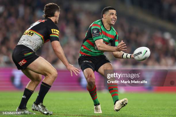 Cody Walker of the Rabbitohs passes the ball during the NRL Preliminary Final match between the Penrith Panthers and the South Sydney Rabbitohs at...