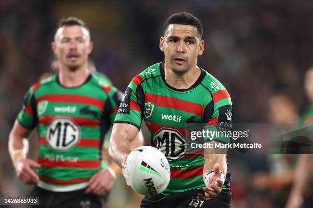 Cody Walker of the Rabbitohs passes the ball during the NRL Preliminary Final match between the Penrith Panthers and the South Sydney Rabbitohs at...