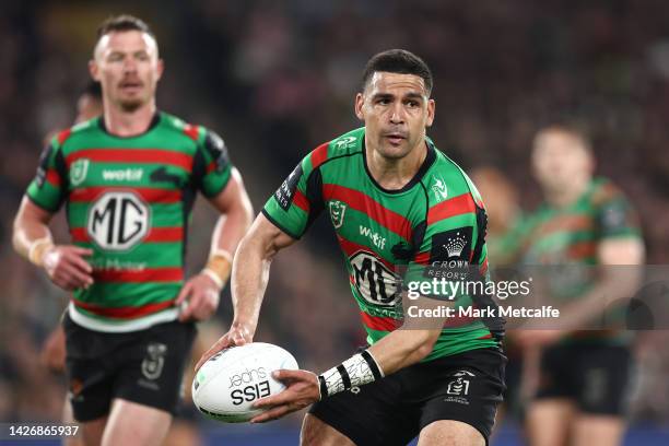 Cody Walker of the Rabbitohs passes the ball during the NRL Preliminary Final match between the Penrith Panthers and the South Sydney Rabbitohs at...