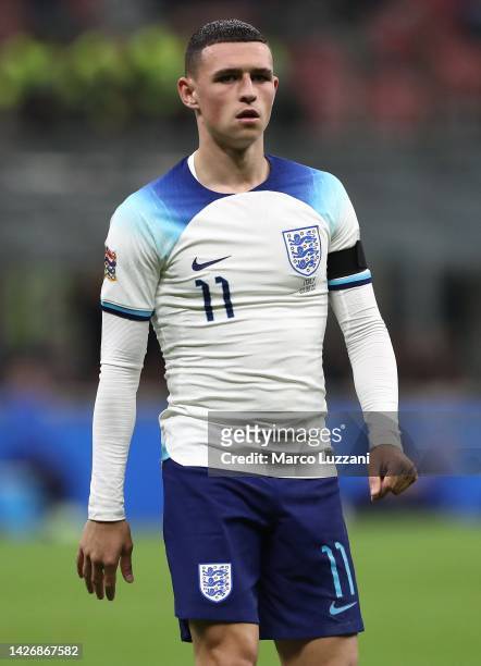 Phil Foden of England looks on during the UEFA Nations League League A Group 3 match between Italy and England at San Siro on September 23, 2022 in...