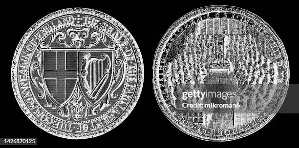 old engraved illustration of great seal of commonwealth 1651, showing parliament in session - end of the second english civil war and the trial and execution of charles i - royal commonwealth society stock pictures, royalty-free photos & images