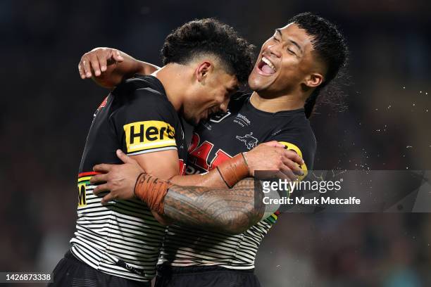 Izack Tago of the Panthers celebrates with team mate Brian To'o after scoring a try during the NRL Preliminary Final match between the Penrith...