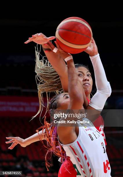 Maxuella Lisowa Mbaka of Belgium and Arella Guirantes of Puerto Rico compete for the ball during the 2022 FIBA Women's Basketball World Cup Group A...