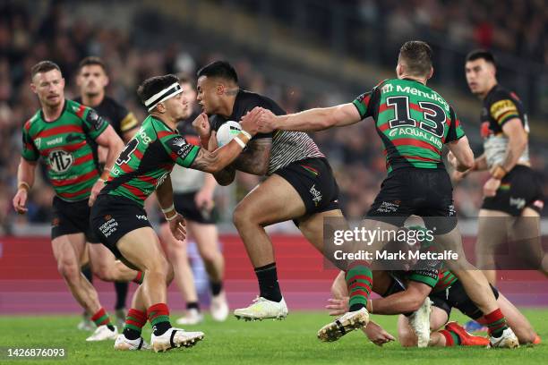 Spencer Leniu of the Panthers makes a break during the NRL Preliminary Final match between the Penrith Panthers and the South Sydney Rabbitohs at...