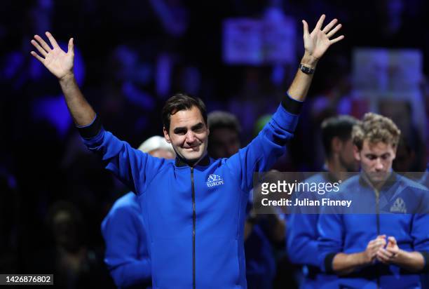 Roger Federer of Team Europe acknowledges the crowd following their final match during Day One of the Laver Cup at The O2 Arena on September 23, 2022...