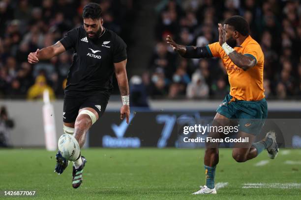 Akira Ioane of the All Blacks kicks for the corner during The Rugby Championship and Bledisloe Cup match between the New Zealand All Blacks and the...
