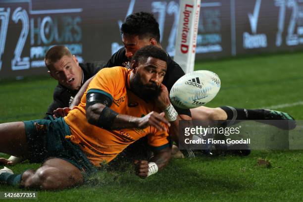 Marika Koroibete of Australia saves a try during The Rugby Championship and Bledisloe Cup match between the New Zealand All Blacks and the Australia...