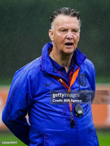 Coach Louis van Gaal of the Netherlands looks on during a Training Session of the Netherlands Mens Football Team at the KNVB Campus on September 24,...