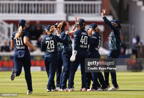 Kate Cross of England celebrates after taking the wicket of Smriti Mandhana of India during the 3rd Royal London ODI between England Women and India...