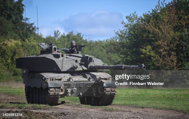 Challenger 2 main battle tank is displayed for the families watching The Royal Tank Regiment Regimental Parade, on September 24, 2022 in Bulford,...