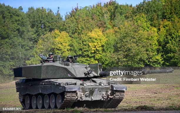 Challenger 2 main battle tank is displayed for the families watching The Royal Tank Regiment Regimental Parade, on September 24, 2022 in Bulford,...