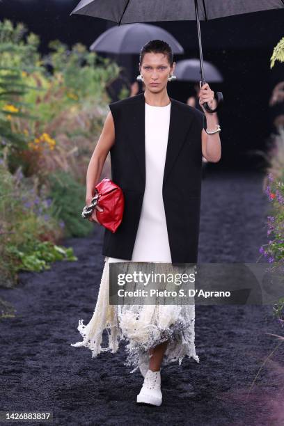 Bella Hadid walks the runway of the Jil Sander Fashion Show during the Milan Fashion Week Womenswear Spring/Summer 2023 on September 24, 2022 in...